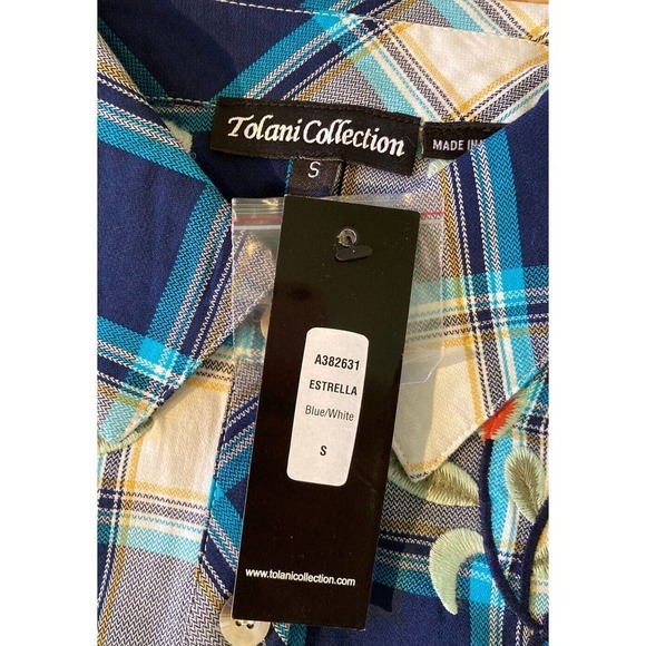 NWT Tolani Collection Embroidered Button Front Plaid Top Size Small Women’s Blue - Picture 3 of 9